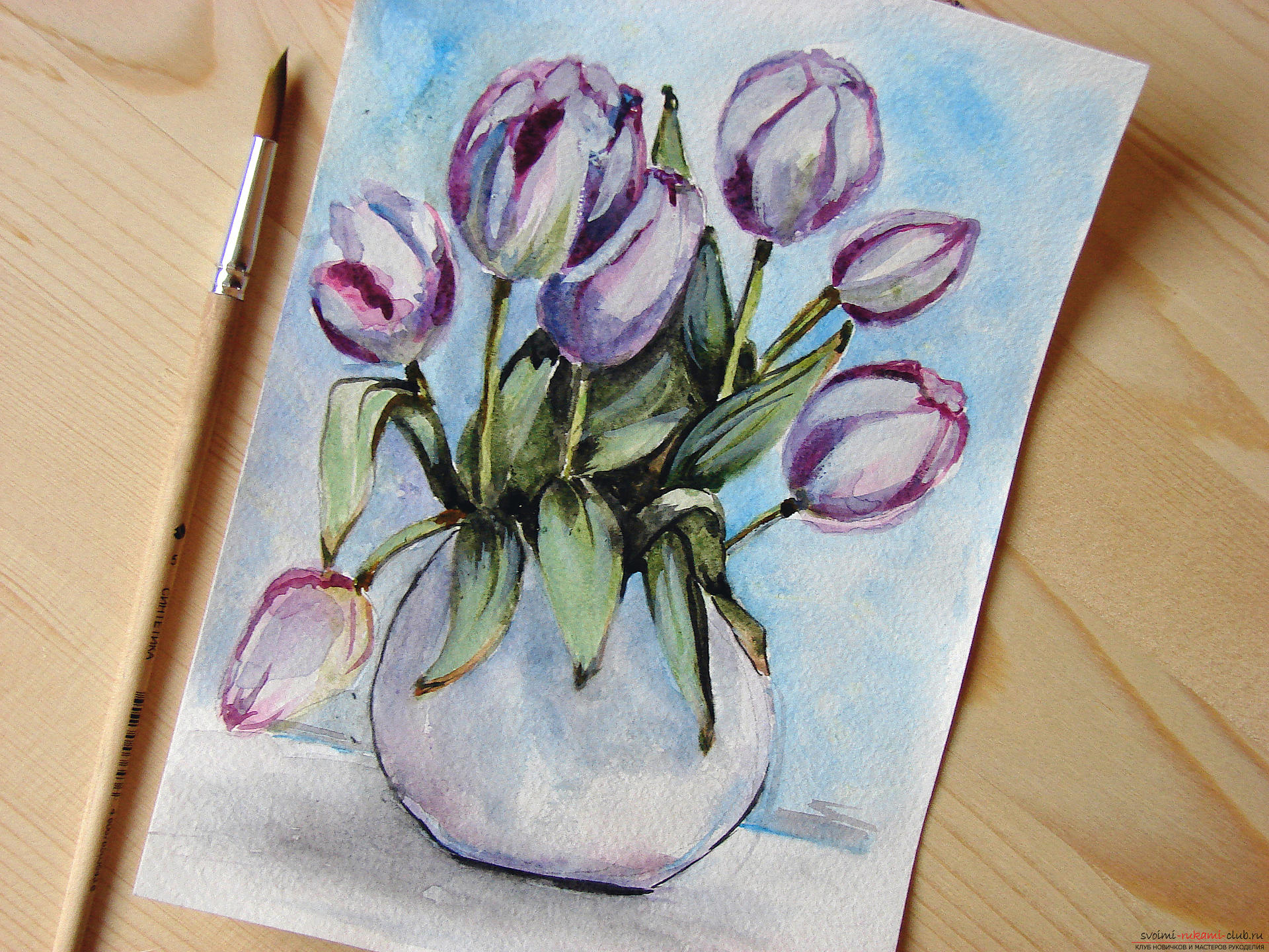 Мастер-класс по рисованию с фото научит как нарисовать цветы, подробно описав как рисуются тюльпаны поэтапно.. Фото №28